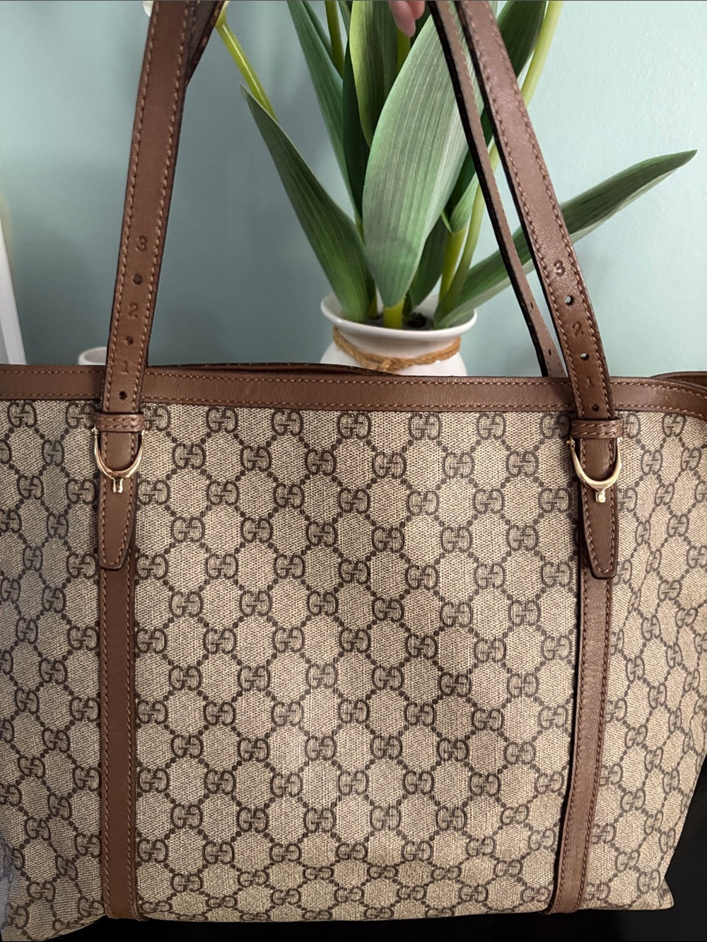Gucci Beige/Brown GG Canvas Leather Trim Tote